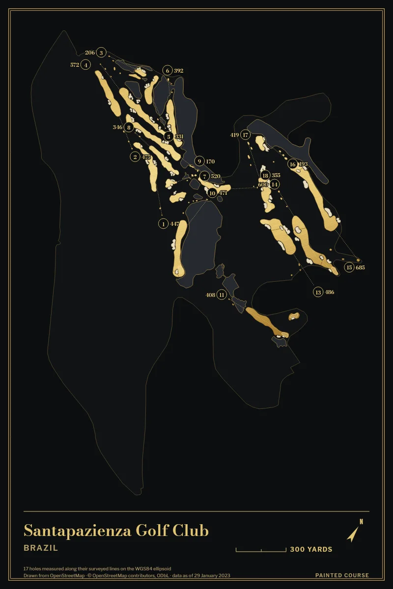 Santapazienza Golf Club, Brazil, drawn in the Gilt style from its OpenStreetMap survey: 17 holes, each numbered at its tee with its measured yards beside it.