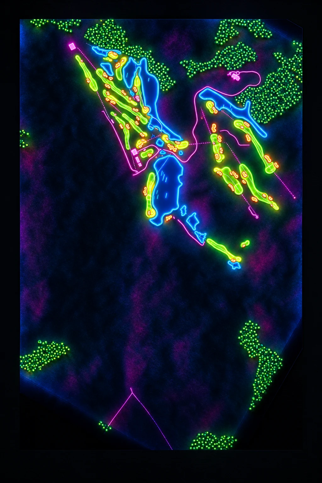 Santapazienza Golf Club, Brazil, seen from above and painted in the Neon manner: the routing of its 17 holes, its greens and its bunkers, in paint.