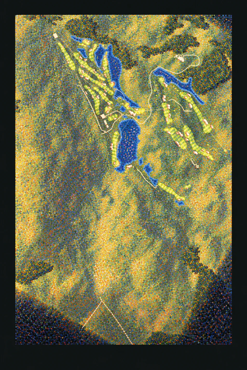 Santapazienza Golf Club, Brazil, seen from above and painted in the Pointillist manner after Georges Seurat: the routing of its 17 holes, its greens and its bunkers, in paint.