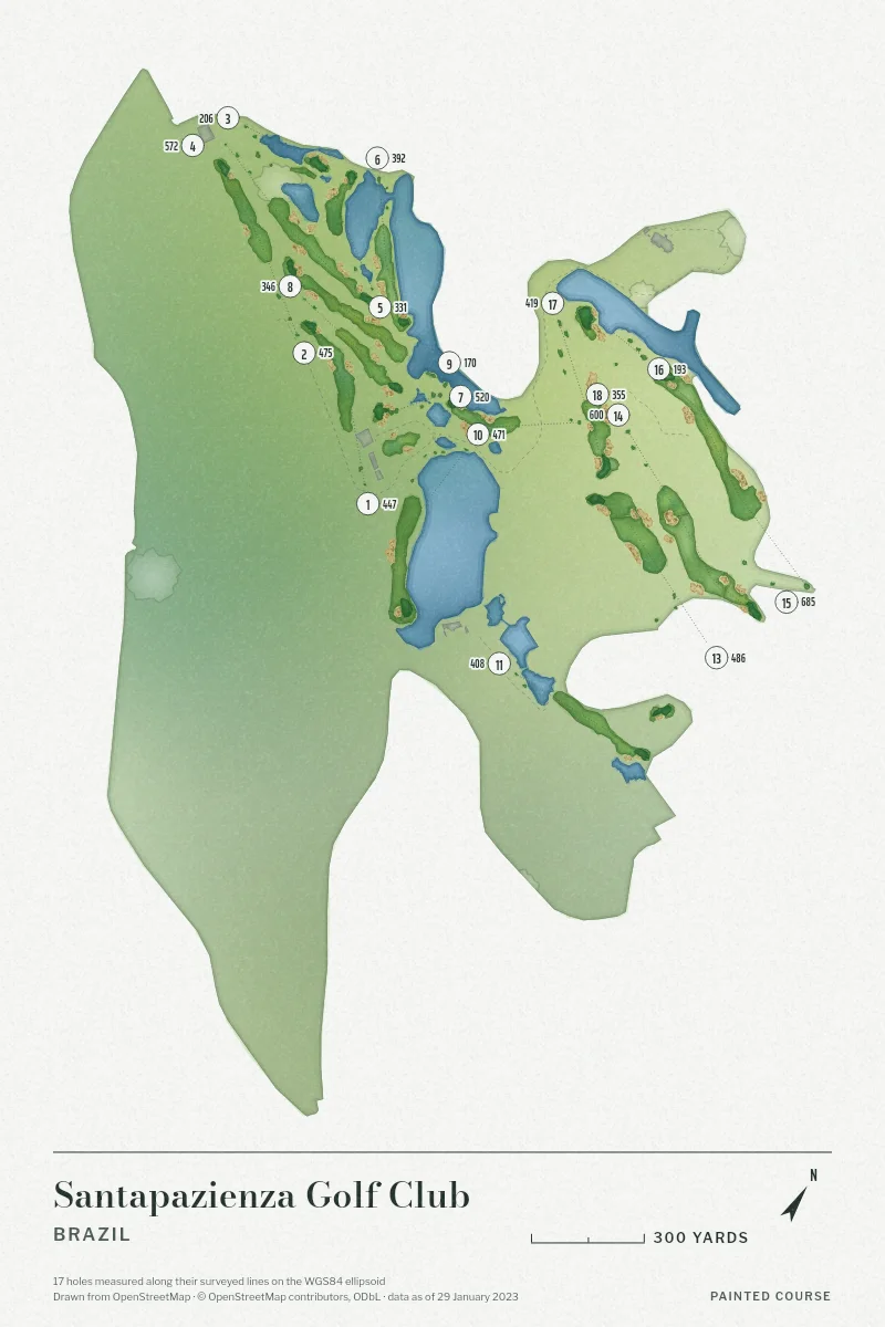 Santapazienza Golf Club, Brazil, drawn in the Watercolour style from its OpenStreetMap survey: 17 holes, each numbered at its tee with its measured yards beside it.