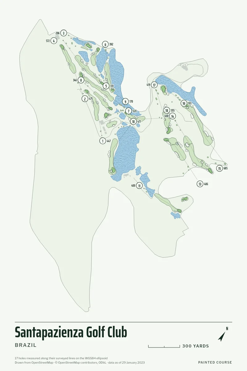 Santapazienza Golf Club, Brazil, drawn in the Yardage style from its OpenStreetMap survey: 17 holes, each numbered at its tee with its measured yards beside it.