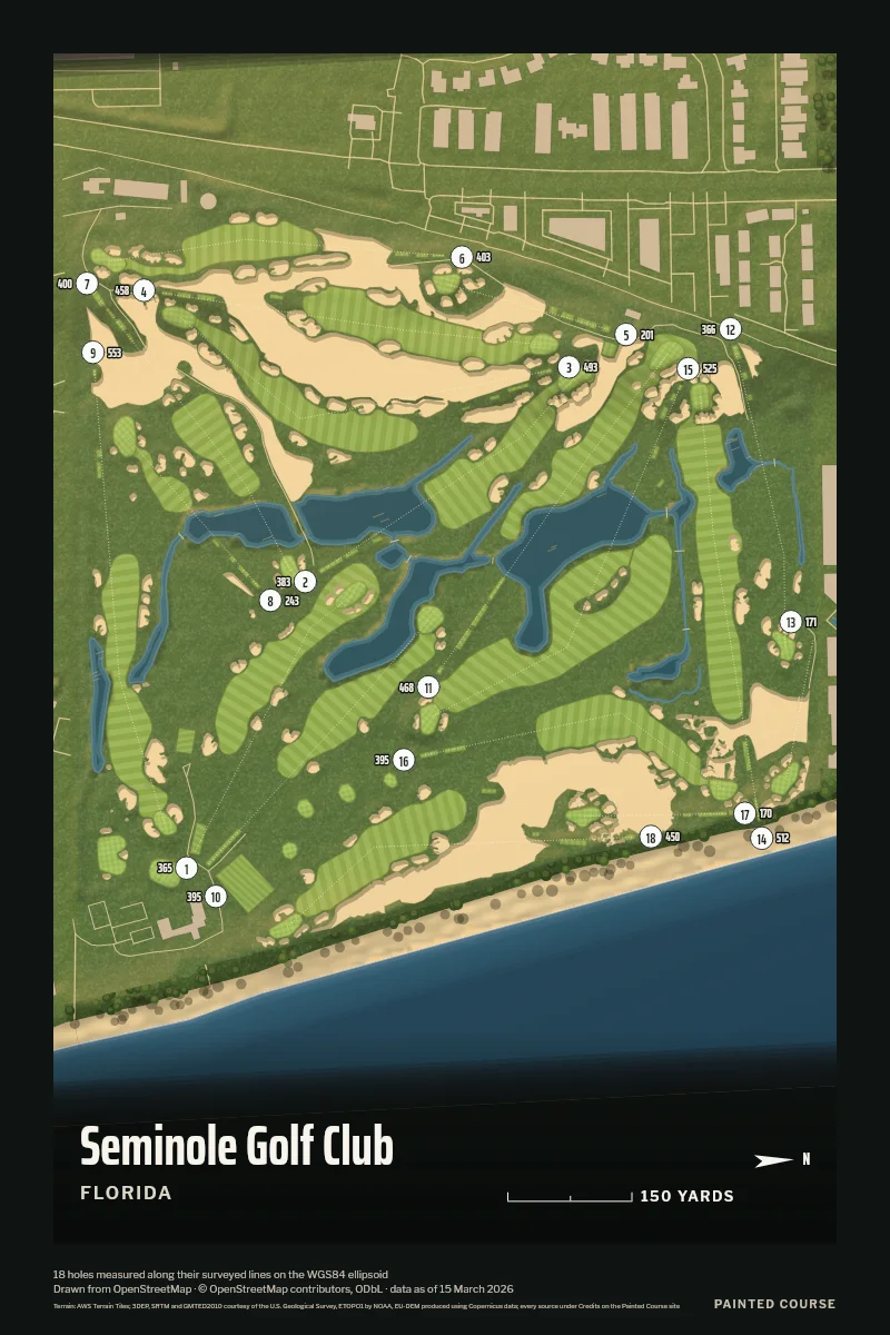 Seminole Golf Club, Florida, USA, drawn in the Aerial style from its OpenStreetMap survey: 18 holes, each numbered at its tee with its measured yards beside it.