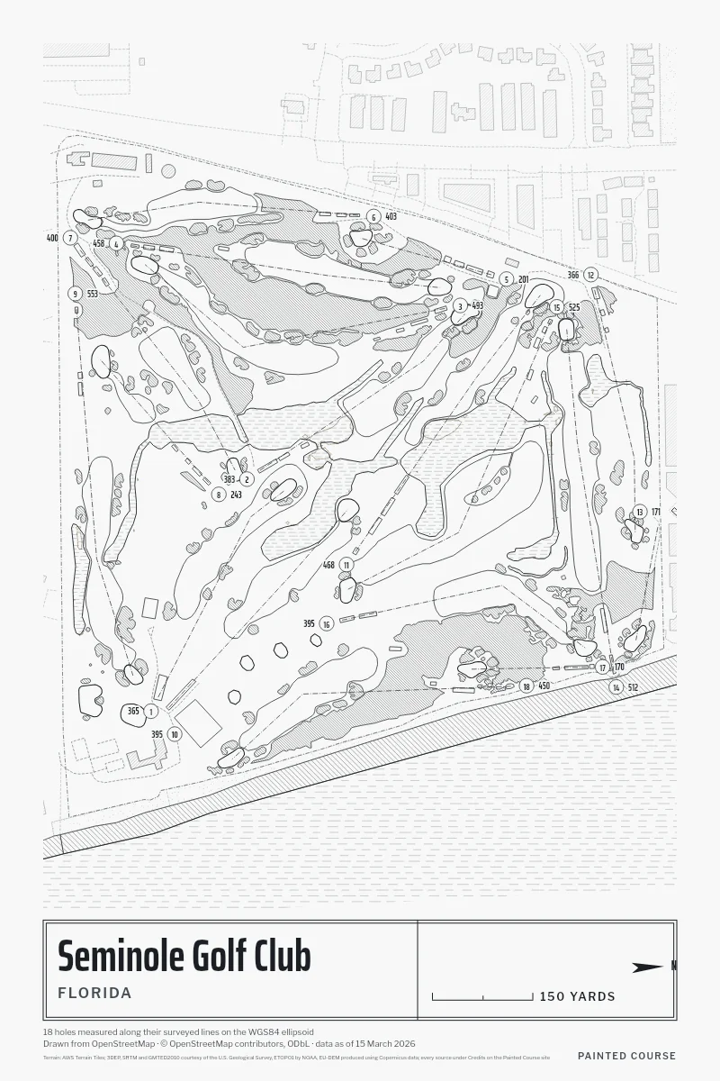Seminole Golf Club, Florida, USA, drawn in the Architect style from its OpenStreetMap survey: 18 holes, each numbered at its tee with its measured yards beside it.