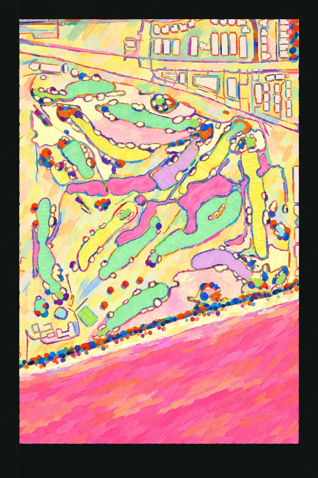 Seminole Golf Club, Florida, USA, seen from above and painted in the Fauve manner after the Fauves of 1905: the routing of its 18 holes, its greens and its bunkers, in paint.
