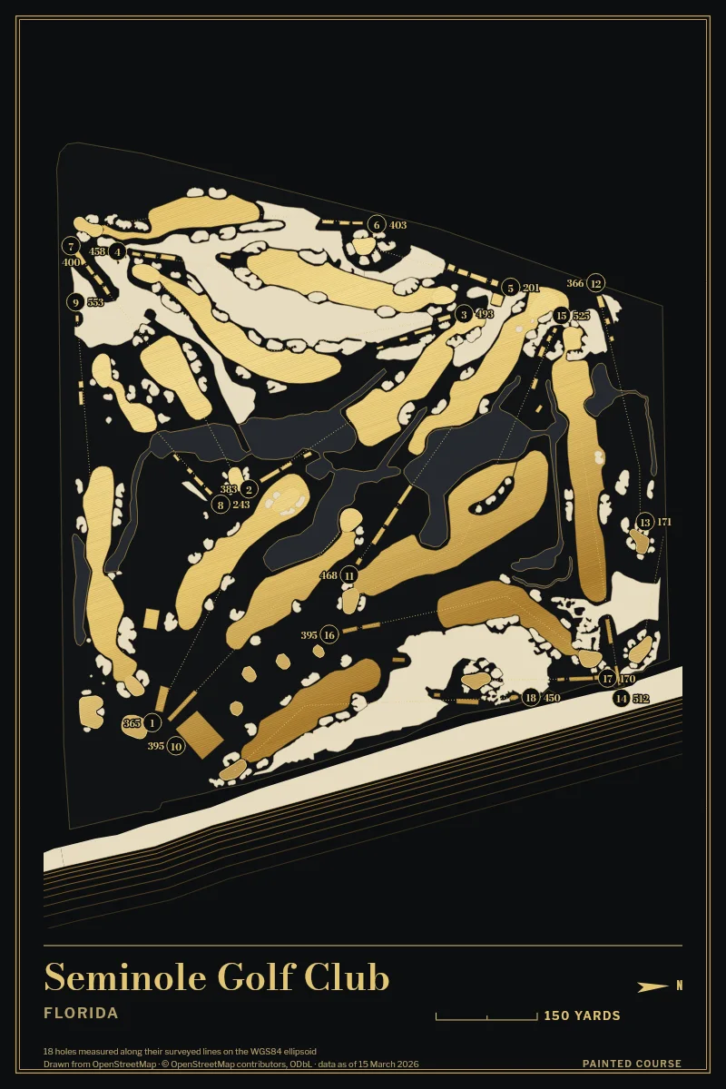 Seminole Golf Club, Florida, USA, drawn in the Gilt style from its OpenStreetMap survey: 18 holes, each numbered at its tee with its measured yards beside it.