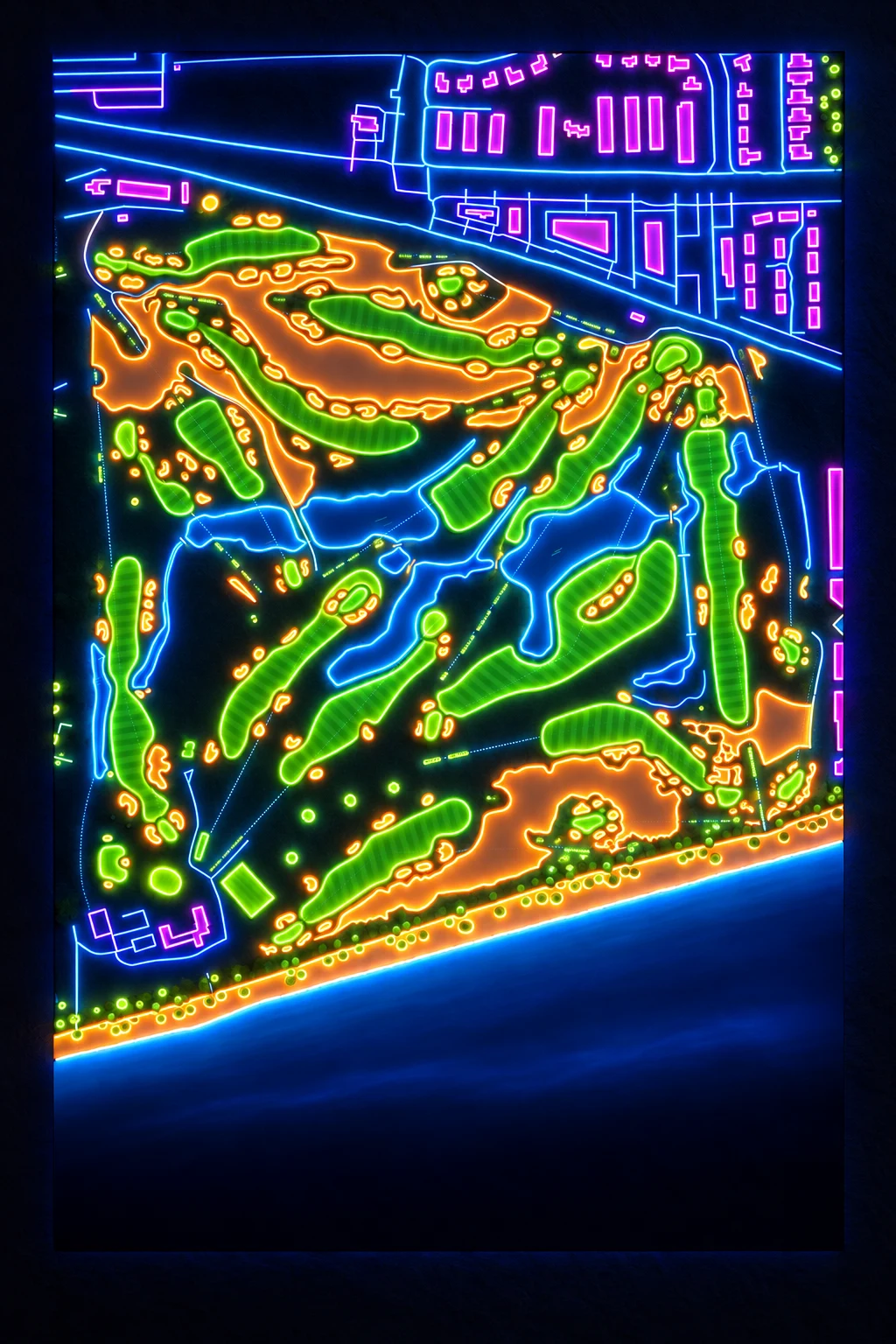 Seminole Golf Club, Florida, USA, seen from above and painted in the Neon manner: the routing of its 18 holes, its greens and its bunkers, in paint.