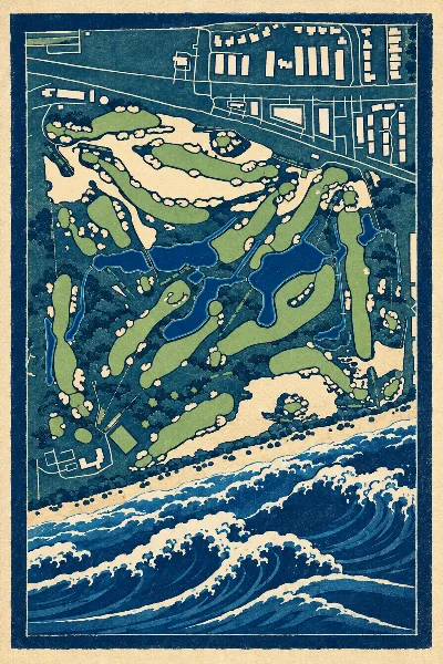 Seminole Golf Club, Florida, USA, drawn in the Gilt style from its OpenStreetMap survey: 18 holes, each numbered at its tee with its measured yards beside it.