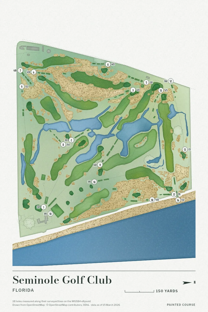 Seminole Golf Club, Florida, USA, drawn in the Watercolour style from its OpenStreetMap survey: 18 holes, each numbered at its tee with its measured yards beside it.