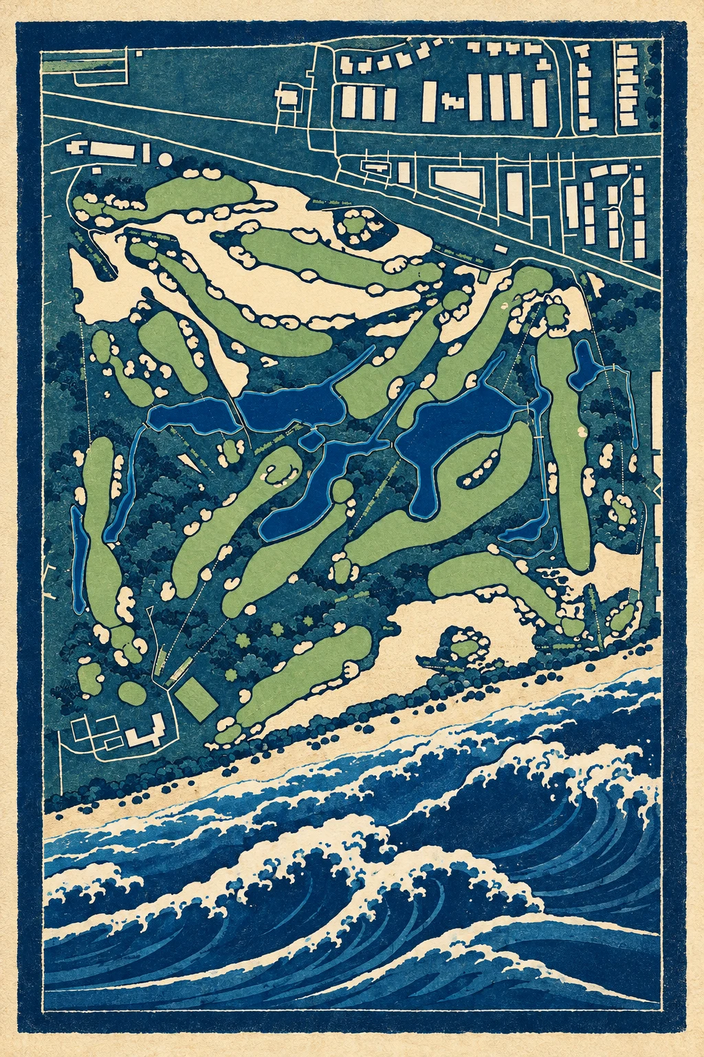 Seminole Golf Club, Florida, USA, seen from above and painted in the Woodblock manner after Katsushika Hokusai: the routing of its 18 holes, its greens and its bunkers, in paint.