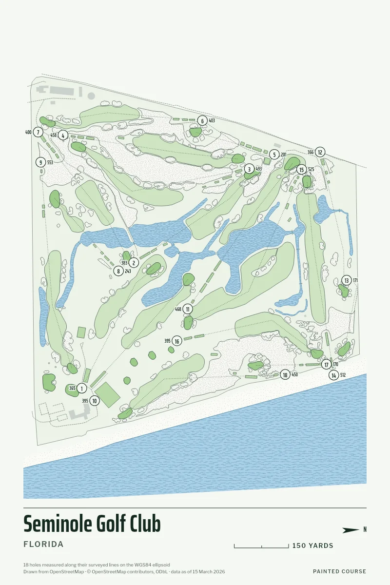 Seminole Golf Club, Florida, USA, drawn in the Yardage style from its OpenStreetMap survey: 18 holes, each numbered at its tee with its measured yards beside it.