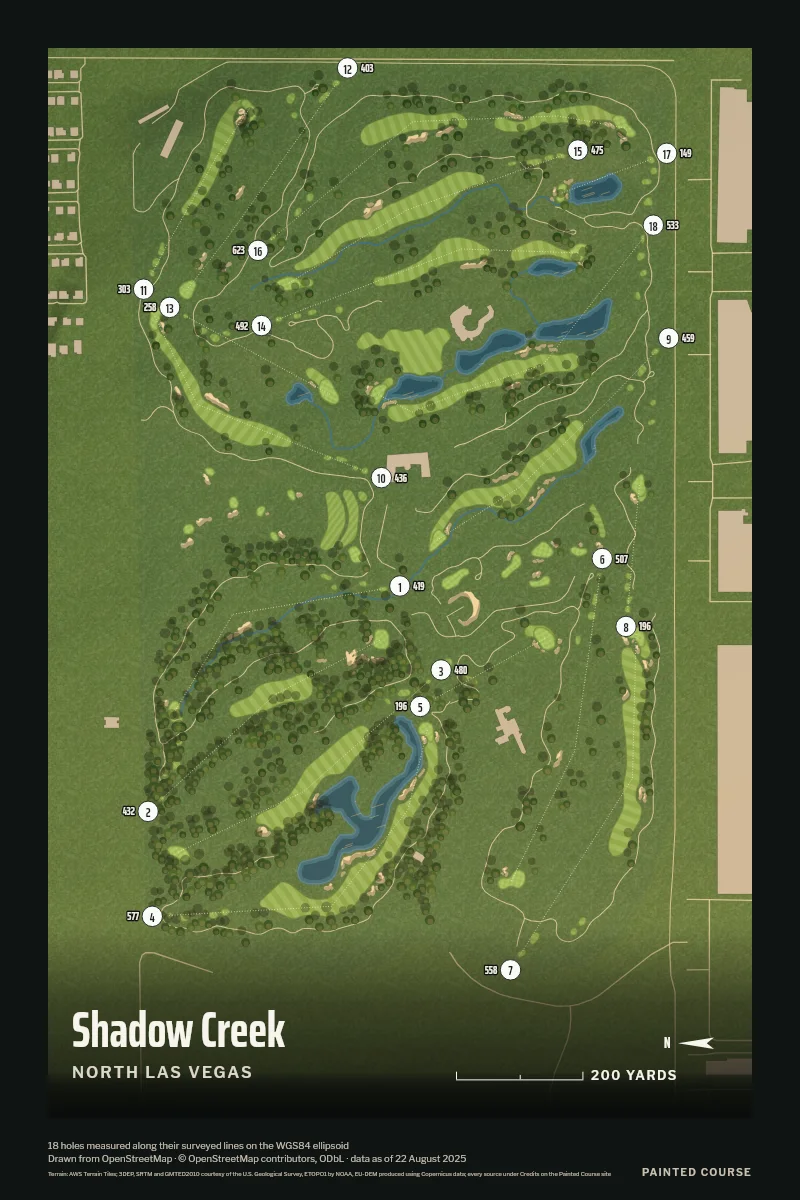 Shadow Creek, North Las Vegas, Nevada, USA, drawn in the Aerial style from its OpenStreetMap survey: 18 holes, each numbered at its tee with its measured yards beside it.
