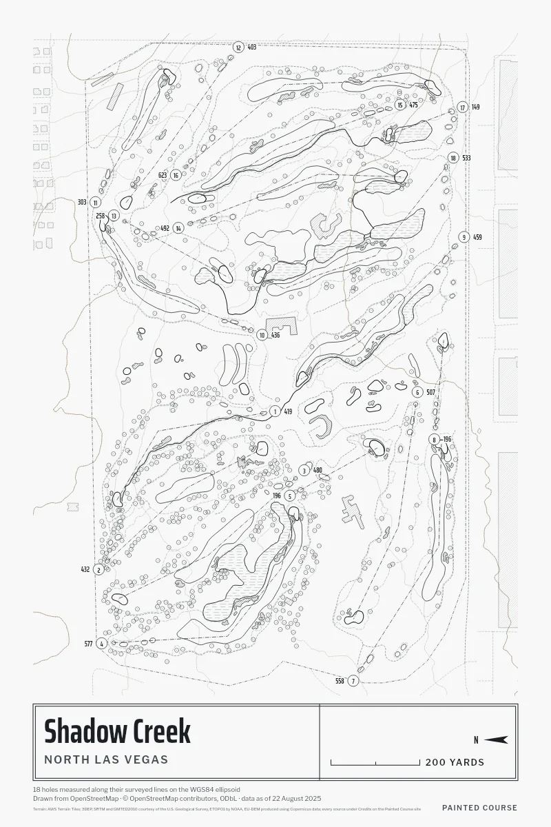 Shadow Creek, North Las Vegas, Nevada, USA, drawn in the Architect style from its OpenStreetMap survey: 18 holes, each numbered at its tee with its measured yards beside it.