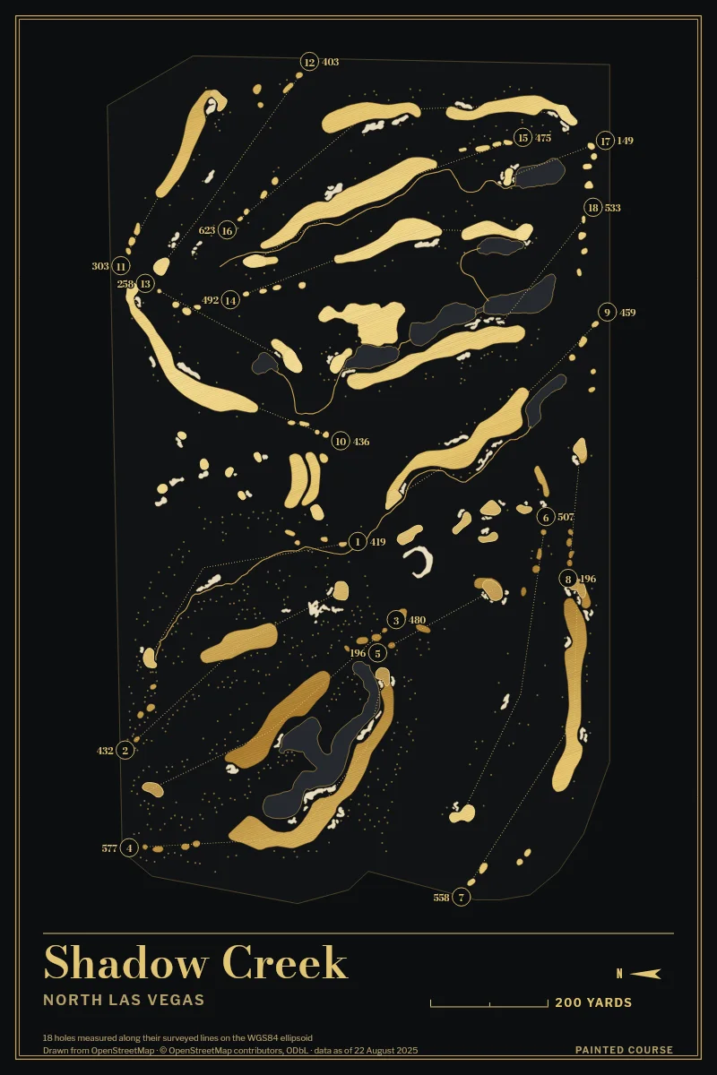 Shadow Creek, North Las Vegas, Nevada, USA, drawn in the Gilt style from its OpenStreetMap survey: 18 holes, each numbered at its tee with its measured yards beside it.
