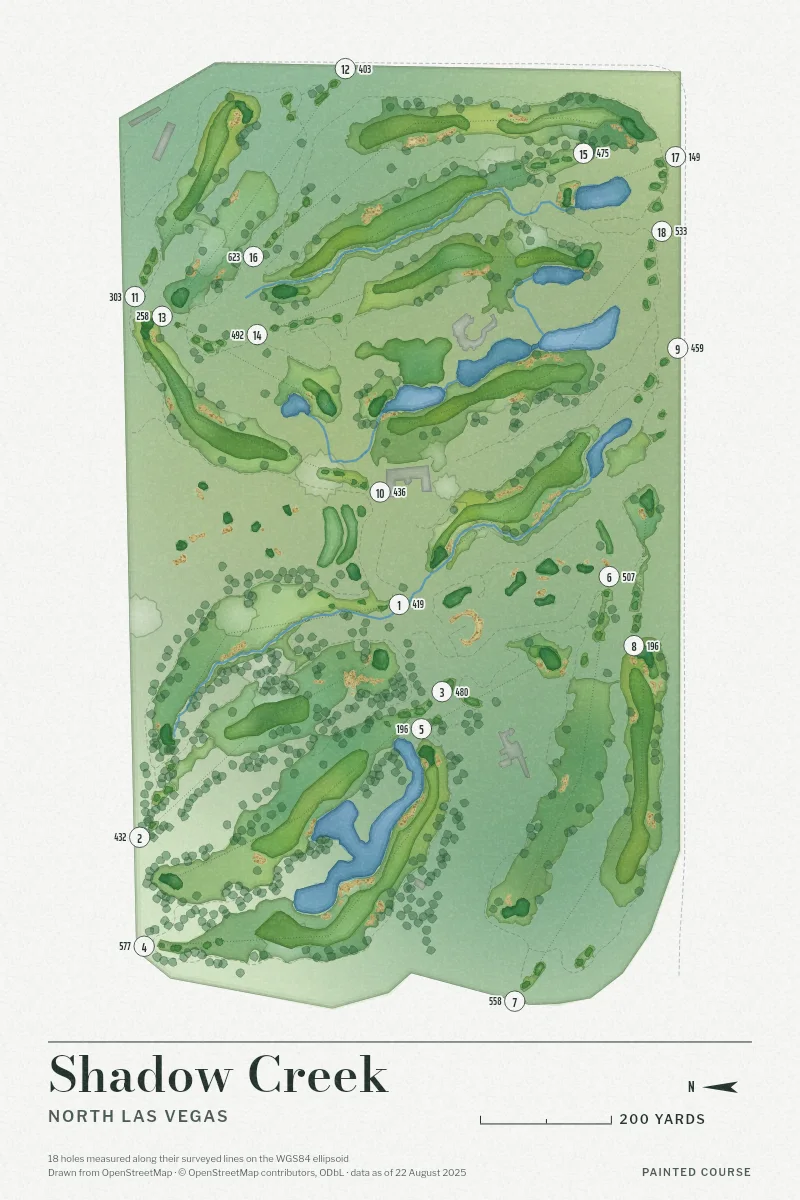 Shadow Creek, North Las Vegas, Nevada, USA, drawn in the Watercolour style from its OpenStreetMap survey: 18 holes, each numbered at its tee with its measured yards beside it.