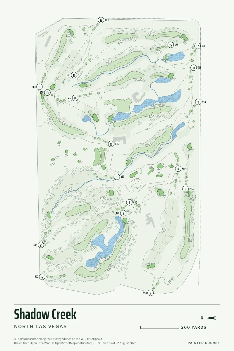 Shadow Creek, North Las Vegas, Nevada, USA, drawn in the Yardage style from its OpenStreetMap survey: 18 holes, each numbered at its tee with its measured yards beside it.