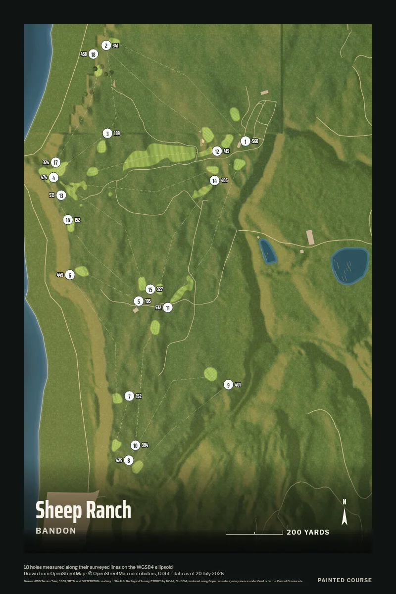 Sheep Ranch, Bandon, Oregon, USA, drawn in the Aerial style from its OpenStreetMap survey: 18 holes, each numbered at its tee with its measured yards beside it.
