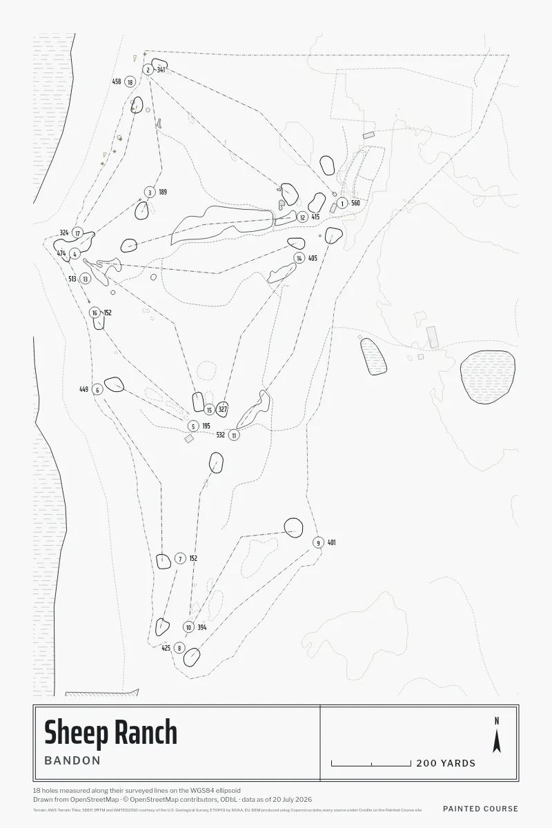 Sheep Ranch, Bandon, Oregon, USA, drawn in the Architect style from its OpenStreetMap survey: 18 holes, each numbered at its tee with its measured yards beside it.