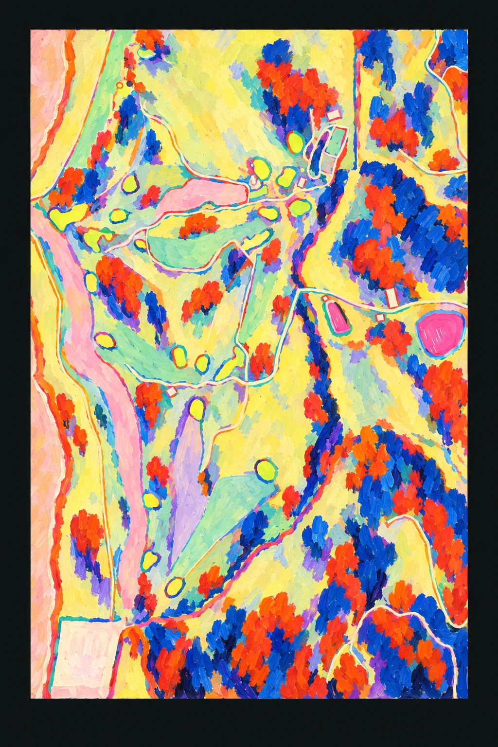 Sheep Ranch, Bandon, Oregon, USA, seen from above and painted in the Fauve manner after the Fauves of 1905: the routing of its 18 holes, its greens and its bunkers, in paint.
