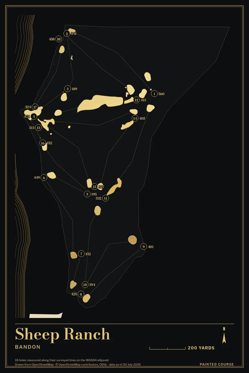 Sheep Ranch, Bandon, Oregon, USA, drawn in the Gilt style from its OpenStreetMap survey: 18 holes, each numbered at its tee with its measured yards beside it.