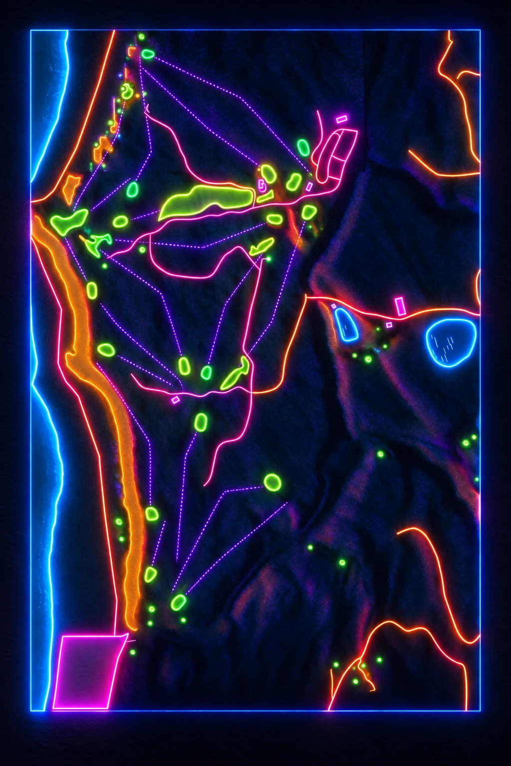 Sheep Ranch, Bandon, Oregon, USA, seen from above and painted in the Neon manner: the routing of its 18 holes, its greens and its bunkers, in paint.
