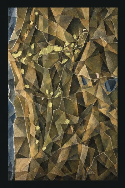 Sheep Ranch, Bandon, Oregon, USA, seen from above and painted in the Cubist manner after Picasso and Braque: the routing of its 18 holes, its greens and its bunkers, in paint.