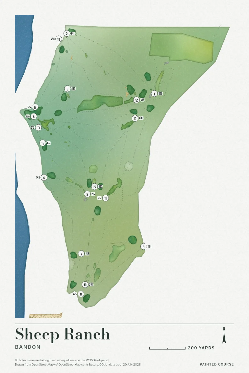 Sheep Ranch, Bandon, Oregon, USA, drawn in the Watercolour style from its OpenStreetMap survey: 18 holes, each numbered at its tee with its measured yards beside it.