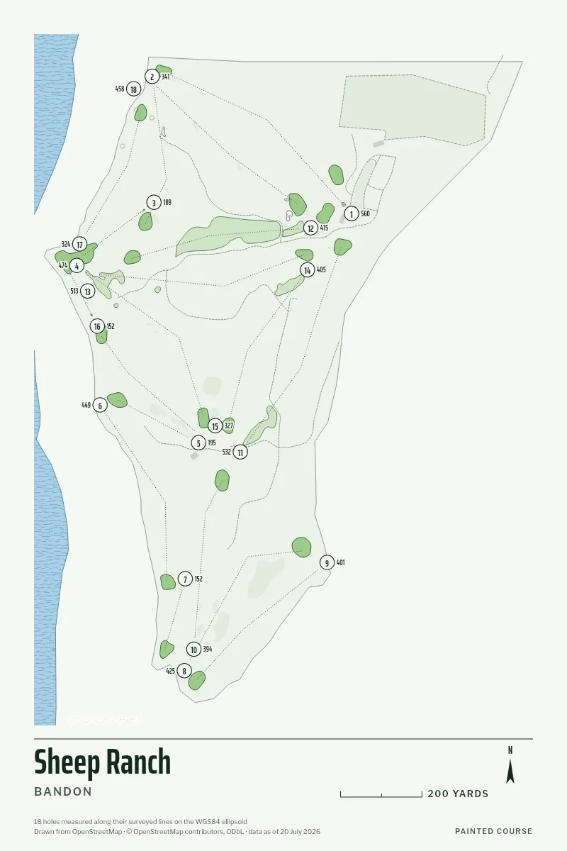 Sheep Ranch, Bandon, Oregon, USA, drawn in the Yardage style from its OpenStreetMap survey: 18 holes, each numbered at its tee with its measured yards beside it.