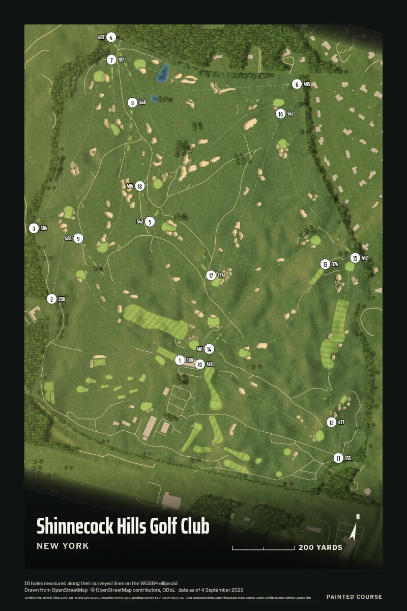 Shinnecock Hills Golf Club, New York, USA, drawn in the Aerial style from its OpenStreetMap survey: 18 holes, each numbered at its tee with its measured yards beside it.