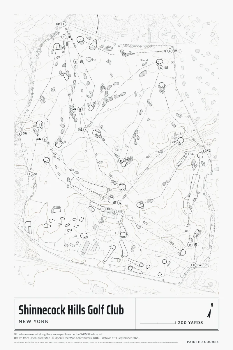 Shinnecock Hills Golf Club, New York, USA, drawn in the Architect style from its OpenStreetMap survey: 18 holes, each numbered at its tee with its measured yards beside it.