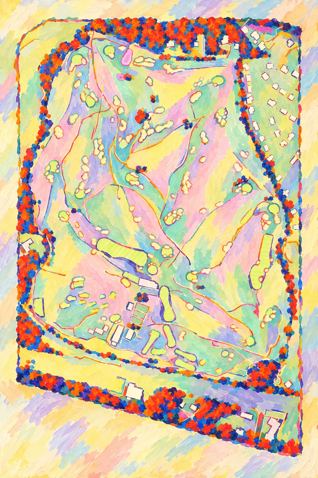 Shinnecock Hills Golf Club, New York, USA, seen from above and painted in the Fauve manner after the Fauves of 1905: the routing of its 18 holes, its greens and its bunkers, in paint.