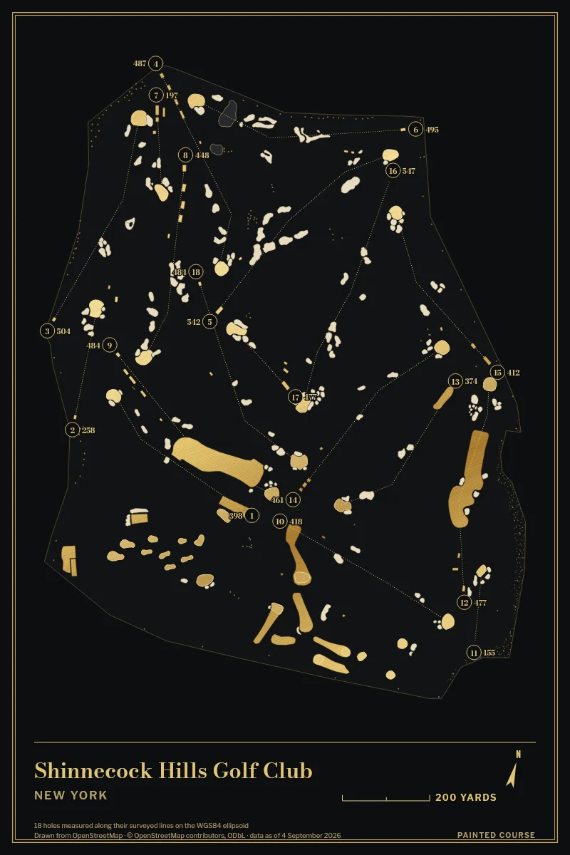 Shinnecock Hills Golf Club, New York, USA, drawn in the Gilt style from its OpenStreetMap survey: 18 holes, each numbered at its tee with its measured yards beside it.
