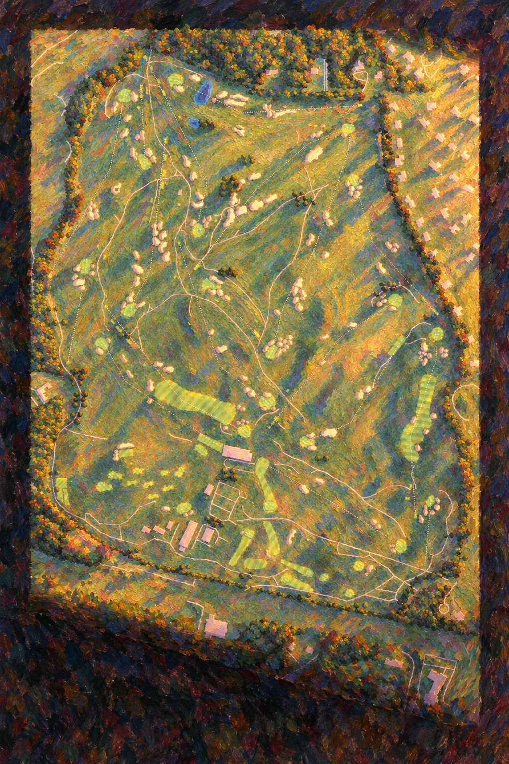 Shinnecock Hills Golf Club, New York, USA, seen from above and painted in the Impressionist manner after Claude Monet: the routing of its 18 holes, its greens and its bunkers, in paint.
