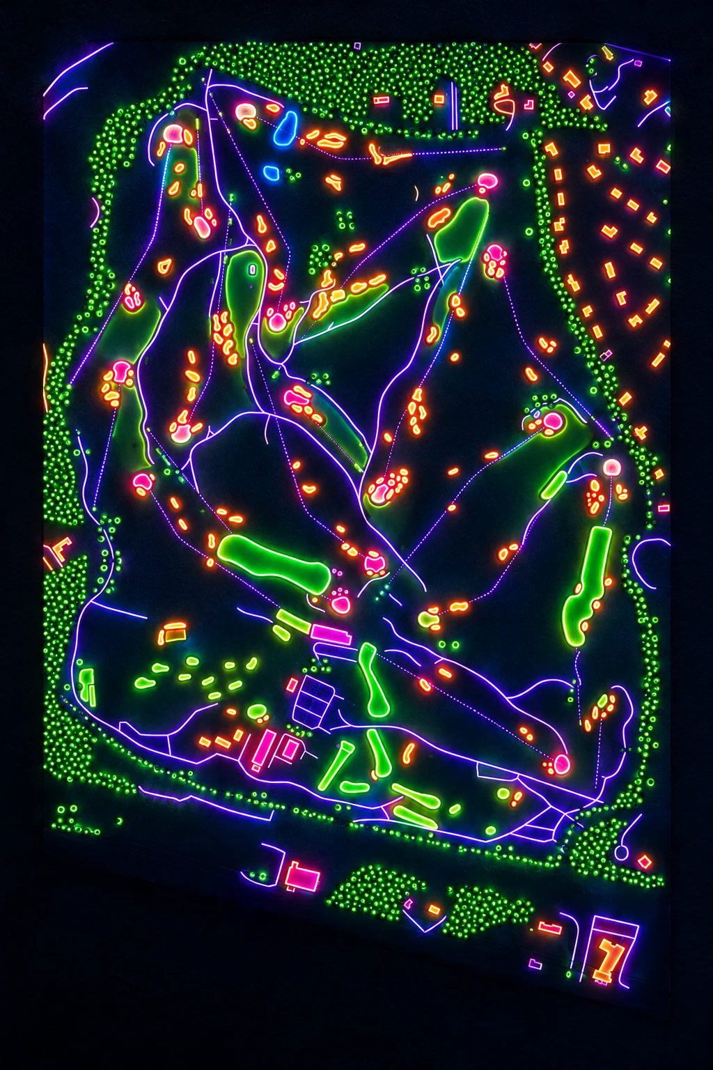 Shinnecock Hills Golf Club, New York, USA, seen from above and painted in the Neon manner: the routing of its 18 holes, its greens and its bunkers, in paint.