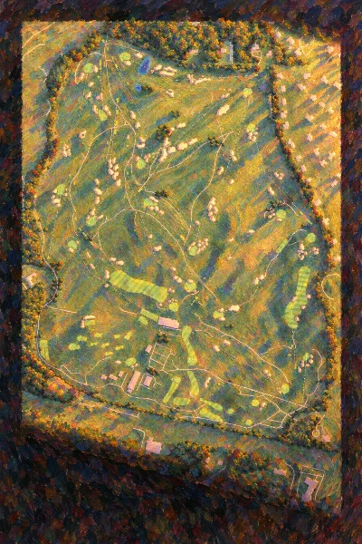 Shinnecock Hills Golf Club, New York, USA, seen from above and painted in the Impressionist manner after Claude Monet: the routing of its 18 holes, its greens and its bunkers, in paint.