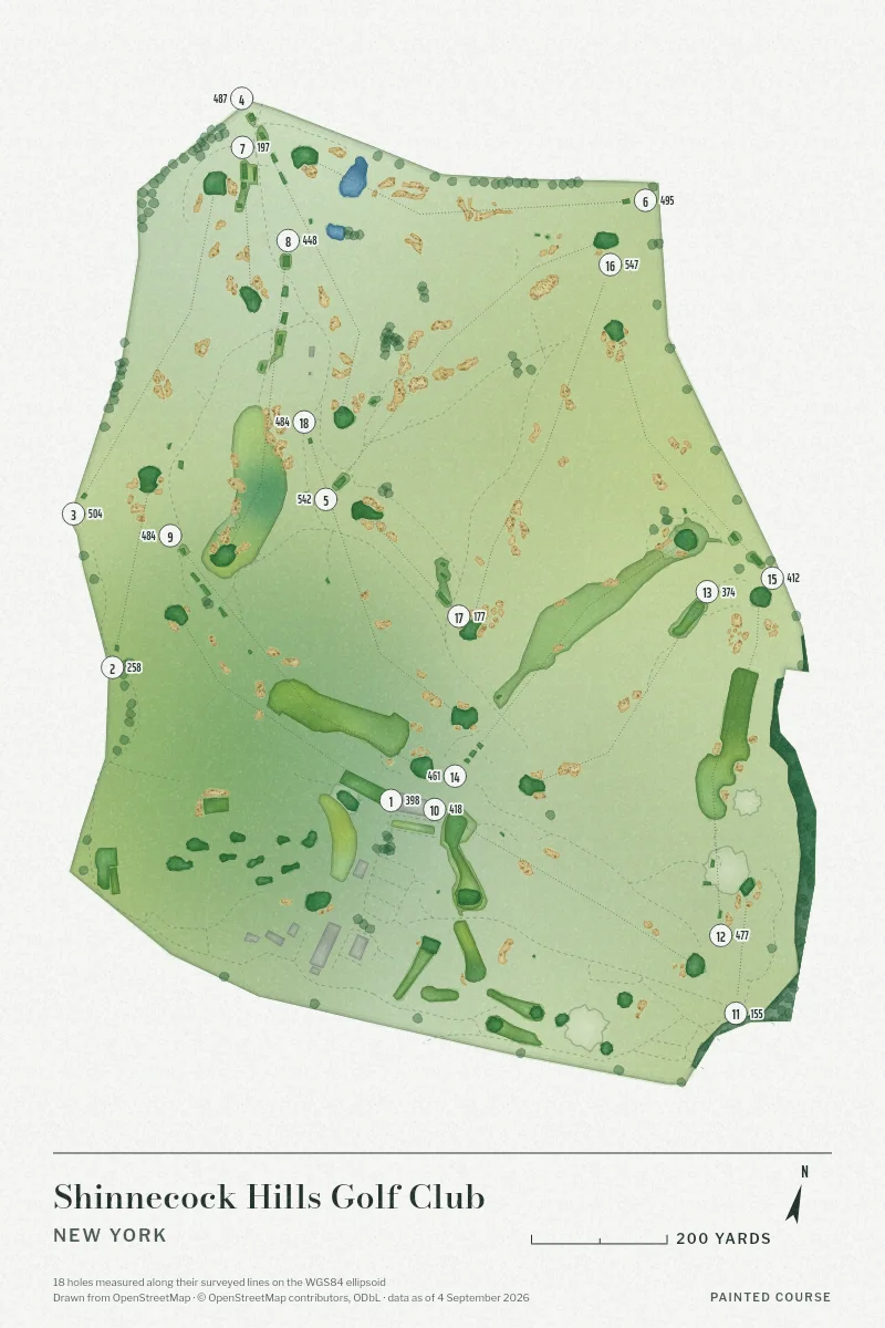 Shinnecock Hills Golf Club, New York, USA, drawn in the Watercolour style from its OpenStreetMap survey: 18 holes, each numbered at its tee with its measured yards beside it.
