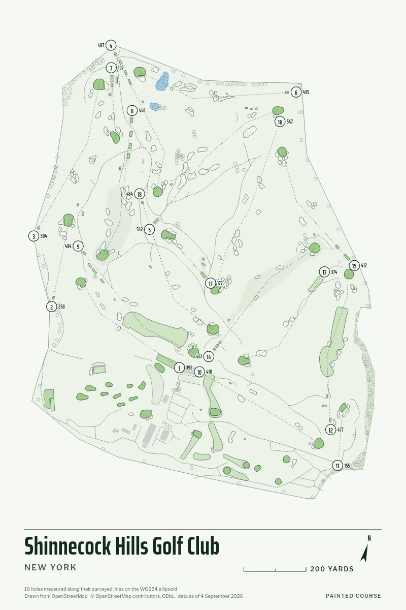 Shinnecock Hills Golf Club, New York, USA, drawn in the Yardage style from its OpenStreetMap survey: 18 holes, each numbered at its tee with its measured yards beside it.