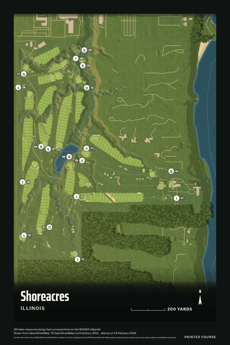 Shoreacres, Illinois, USA, drawn in the Aerial style from its OpenStreetMap survey: 18 holes, each numbered at its tee with its measured yards beside it.