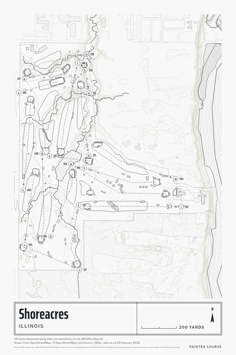Shoreacres, Illinois, USA, drawn in the Architect style from its OpenStreetMap survey: 18 holes, each numbered at its tee with its measured yards beside it.
