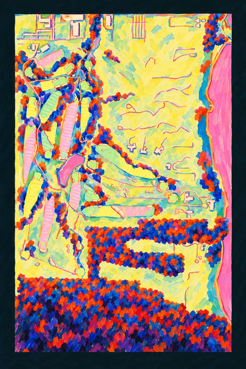 Shoreacres, Illinois, USA, seen from above and painted in the Fauve manner after the Fauves of 1905: the routing of its 18 holes, its greens and its bunkers, in paint.
