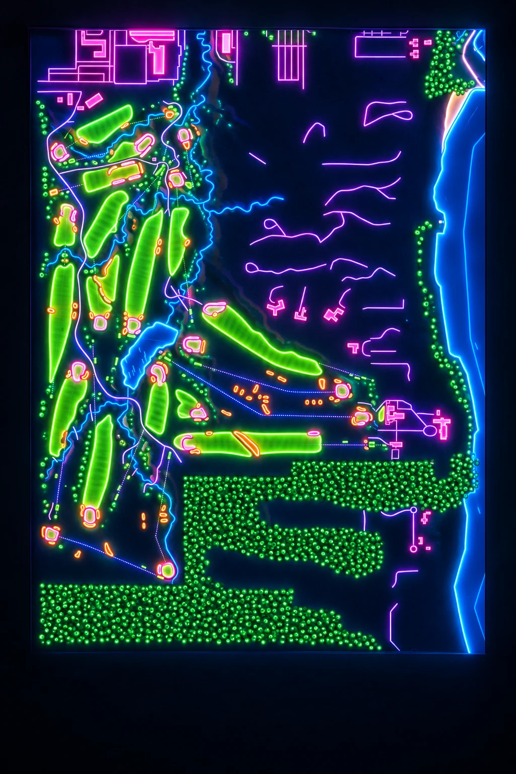 Shoreacres, Illinois, USA, seen from above and painted in the Neon manner: the routing of its 18 holes, its greens and its bunkers, in paint.