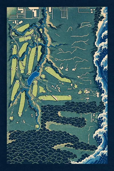 Shoreacres, Illinois, USA, drawn in the Gilt style from its OpenStreetMap survey: 18 holes, each numbered at its tee with its measured yards beside it.