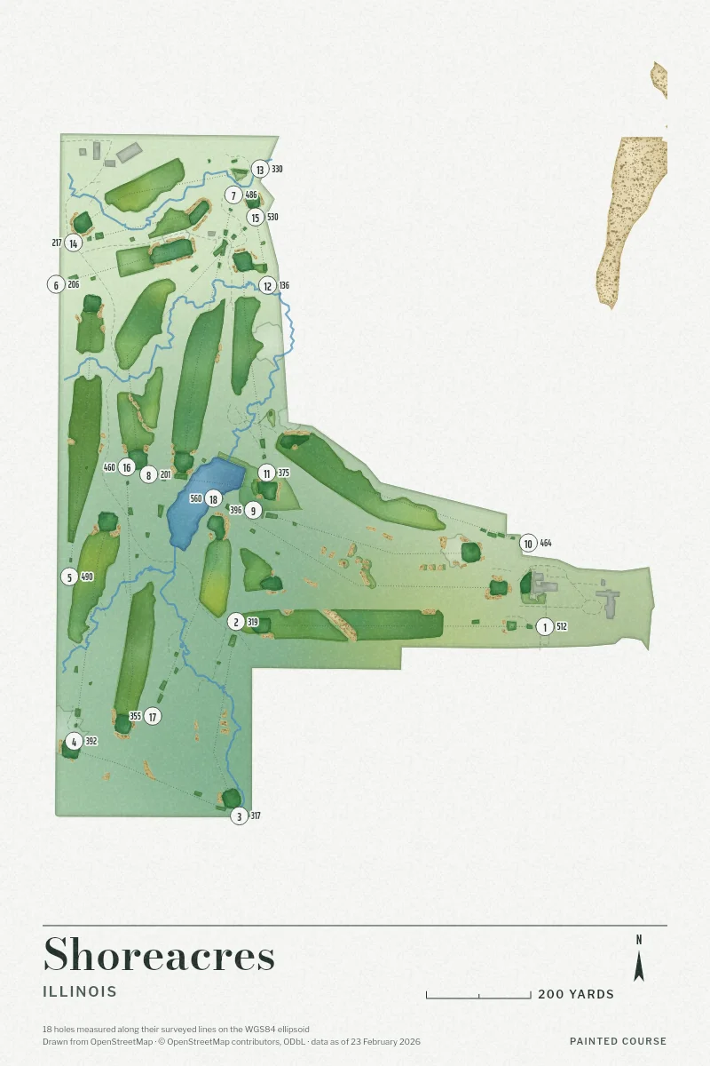 Shoreacres, Illinois, USA, drawn in the Watercolour style from its OpenStreetMap survey: 18 holes, each numbered at its tee with its measured yards beside it.