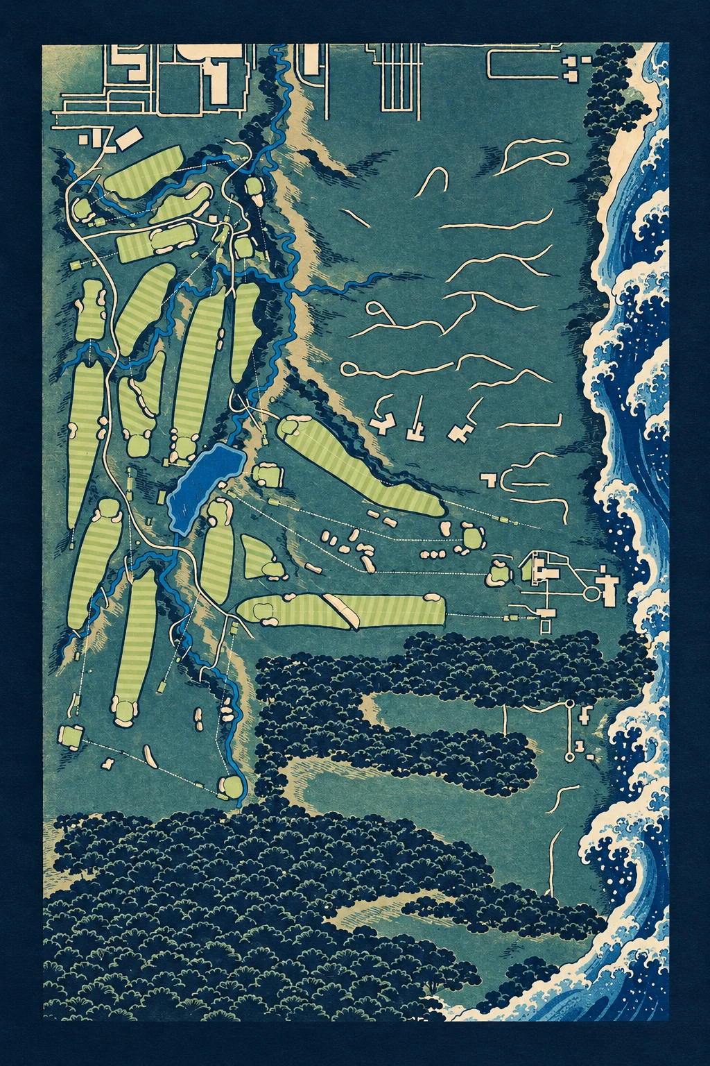 Shoreacres, Illinois, USA, seen from above and painted in the Woodblock manner after Katsushika Hokusai: the routing of its 18 holes, its greens and its bunkers, in paint.