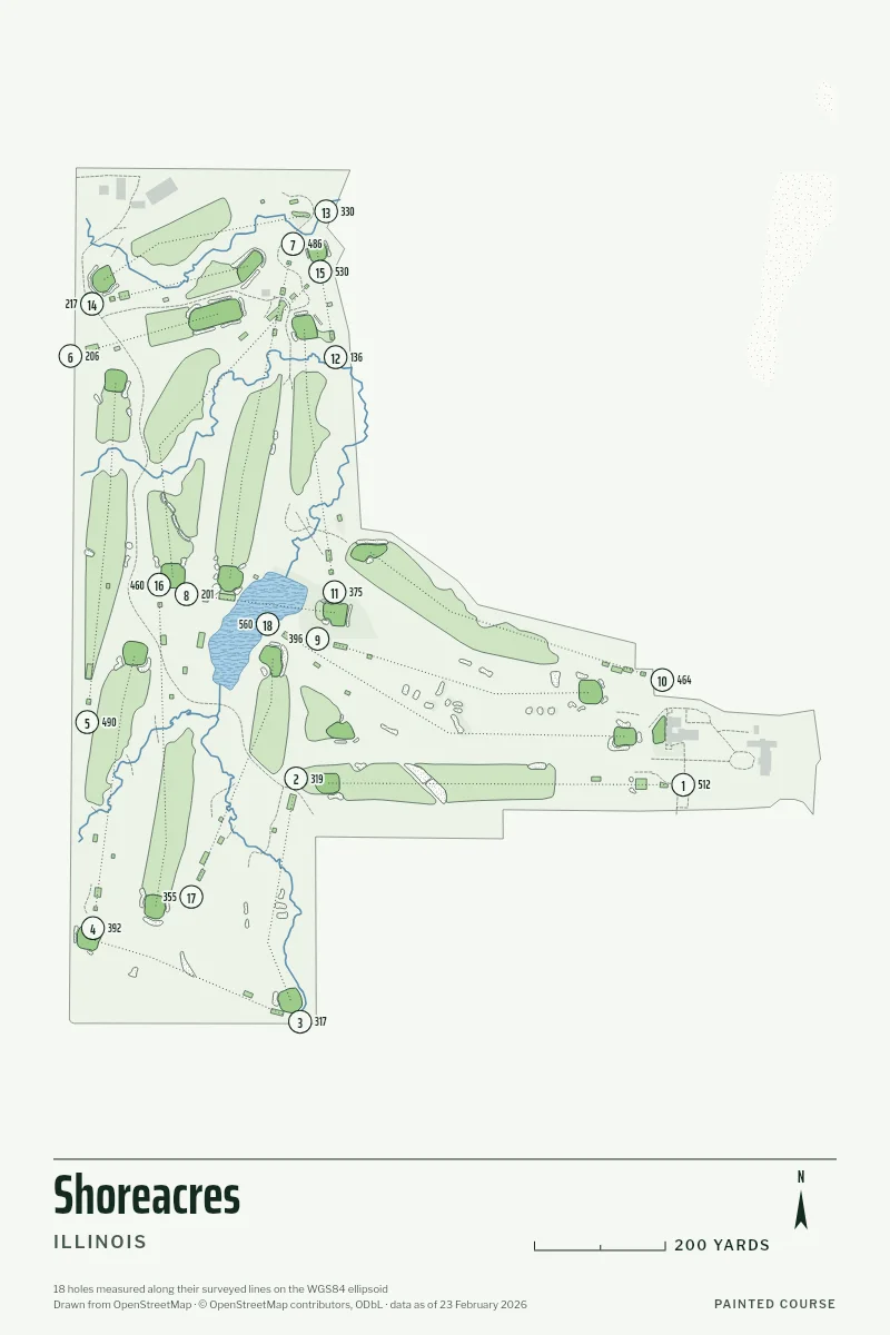 Shoreacres, Illinois, USA, drawn in the Yardage style from its OpenStreetMap survey: 18 holes, each numbered at its tee with its measured yards beside it.