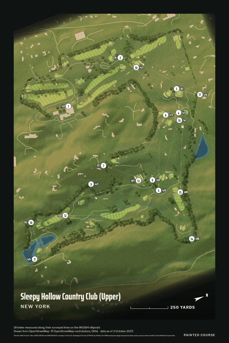 Sleepy Hollow Country Club (Upper), New York, USA, drawn in the Aerial style from its OpenStreetMap survey: 18 holes, each numbered at its tee with its measured yards beside it.