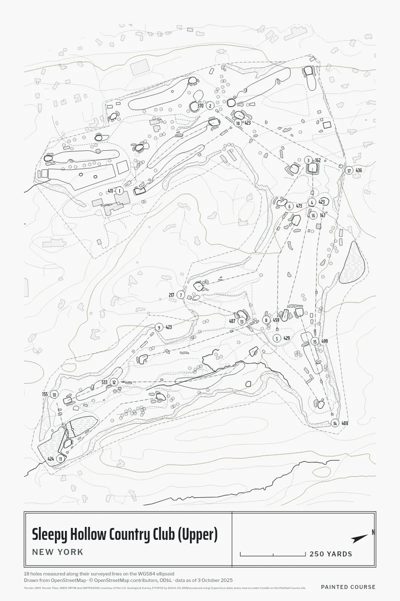 Sleepy Hollow Country Club (Upper), New York, USA, drawn in the Architect style from its OpenStreetMap survey: 18 holes, each numbered at its tee with its measured yards beside it.
