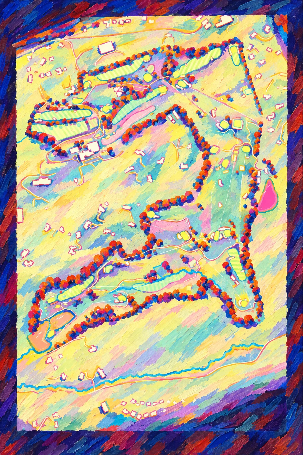 Sleepy Hollow Country Club (Upper), New York, USA, seen from above and painted in the Fauve manner after the Fauves of 1905: the routing of its 18 holes, its greens and its bunkers, in paint.