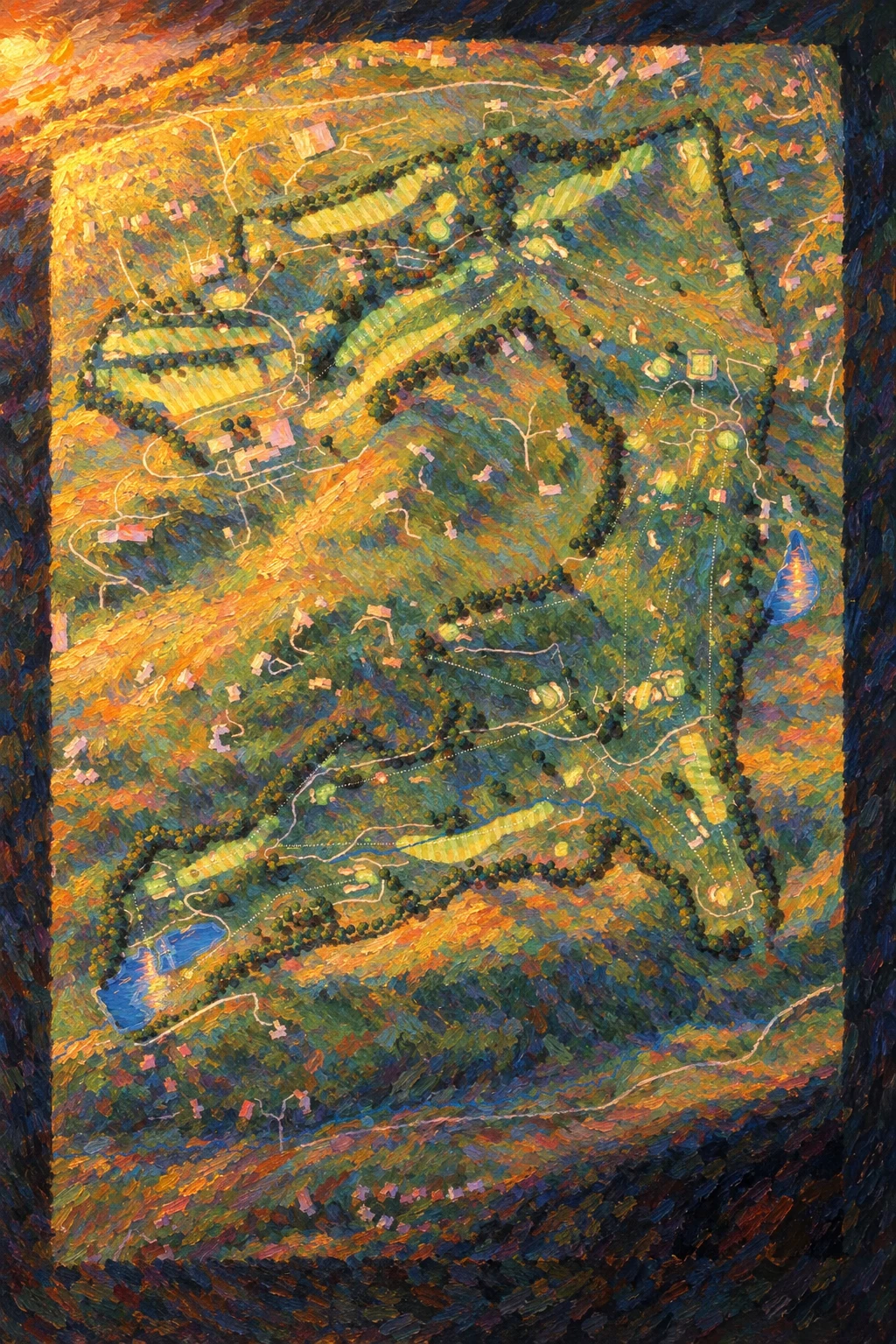 Sleepy Hollow Country Club (Upper), New York, USA, seen from above and painted in the Impressionist manner after Claude Monet: the routing of its 18 holes, its greens and its bunkers, in paint.