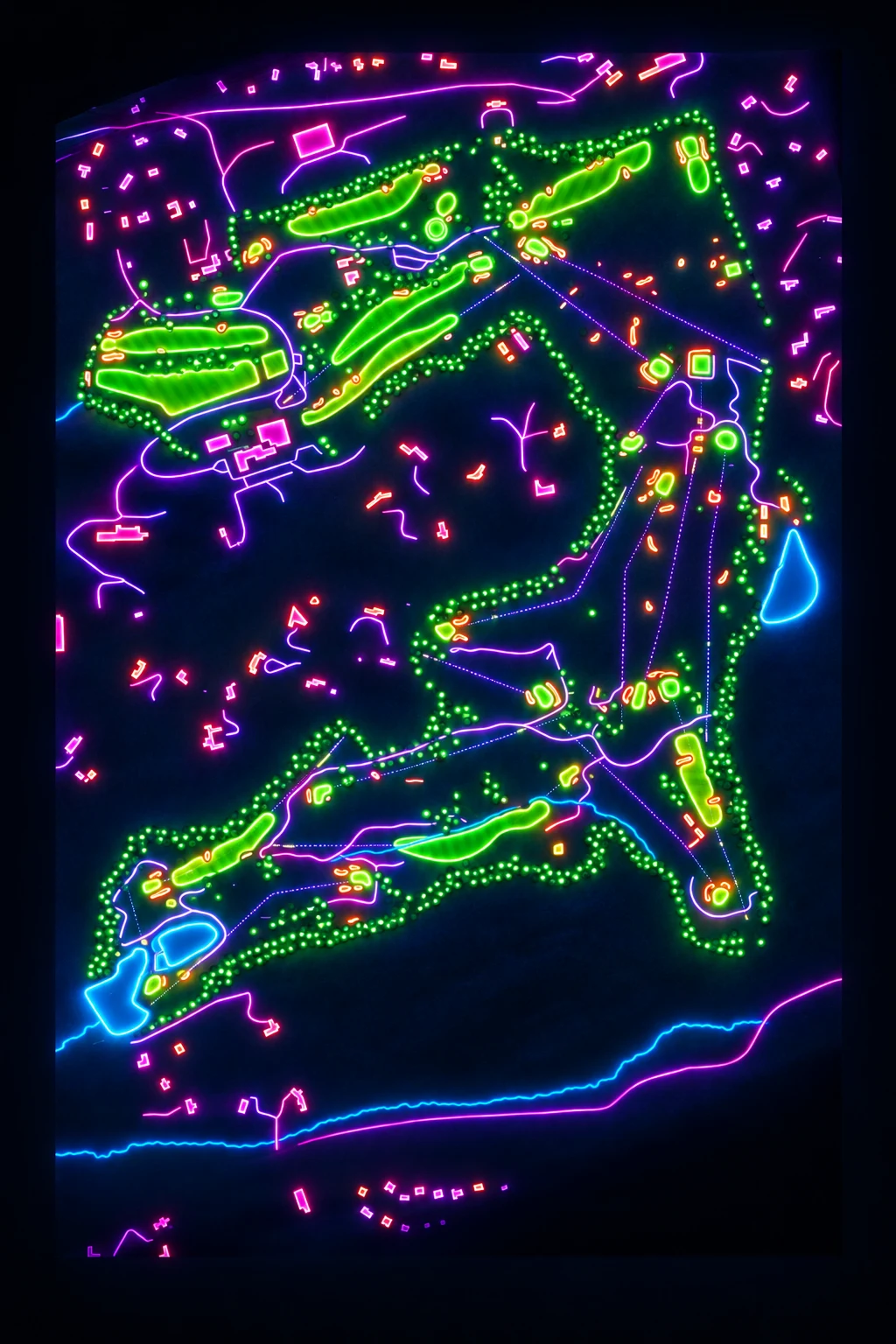 Sleepy Hollow Country Club (Upper), New York, USA, seen from above and painted in the Neon manner: the routing of its 18 holes, its greens and its bunkers, in paint.
