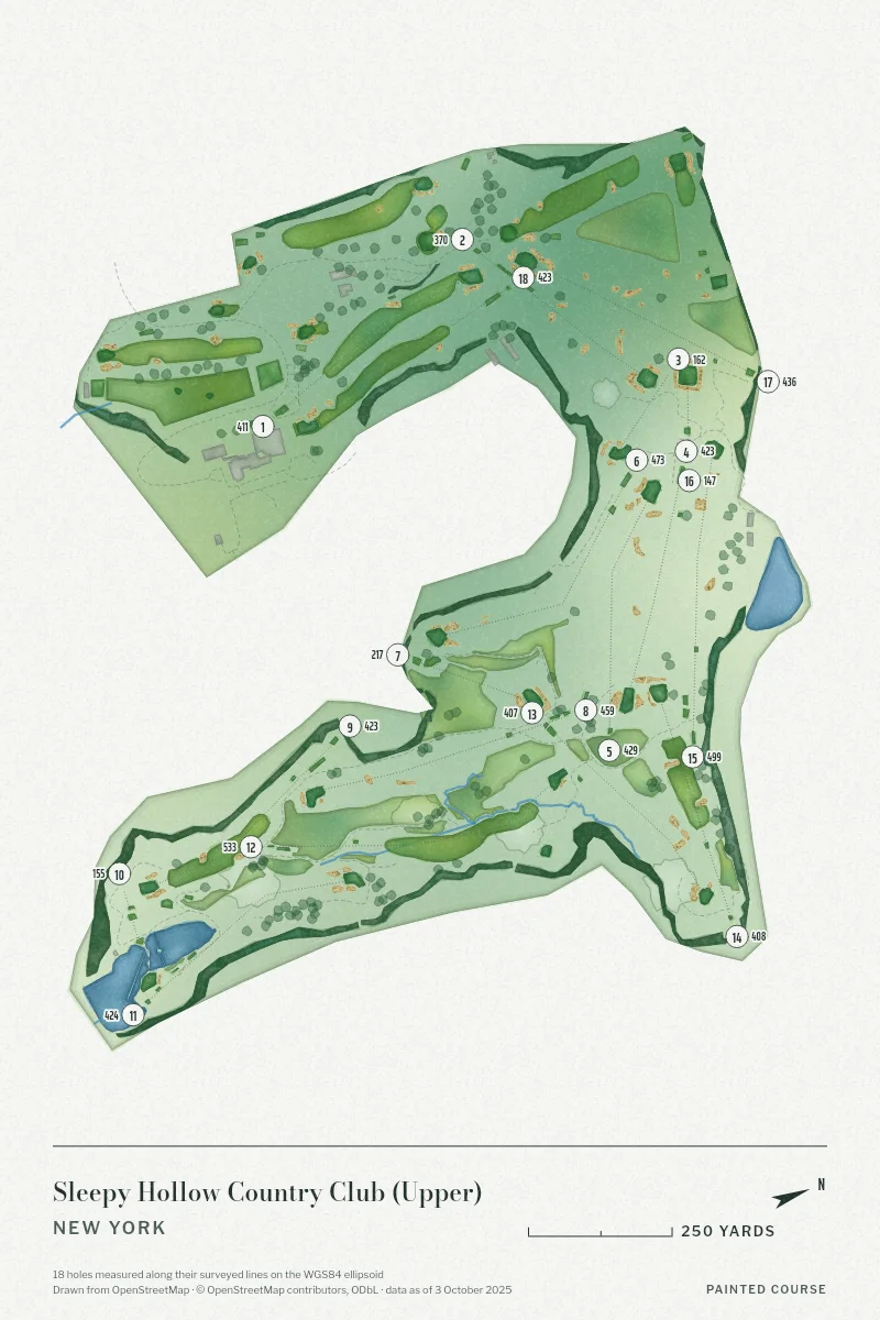 Sleepy Hollow Country Club (Upper), New York, USA, drawn in the Watercolour style from its OpenStreetMap survey: 18 holes, each numbered at its tee with its measured yards beside it.